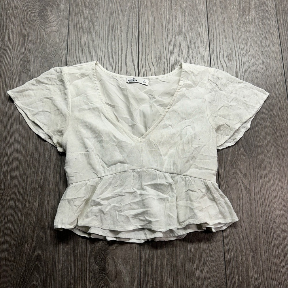 Hollister White Smocked Back Peplum Crop Babydoll Top Neck Flutter Sleeve Medium